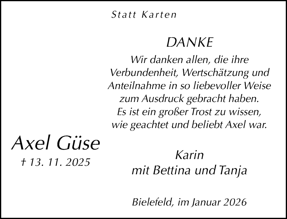  Traueranzeige für Axel Güse vom 10.01.2026 aus Neue Westfälische und Westfalen-Blatt