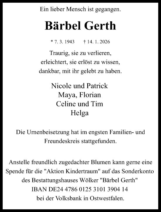 Traueranzeige von Bärbel Gerth von Neue Westfälische und Westfalen-Blatt