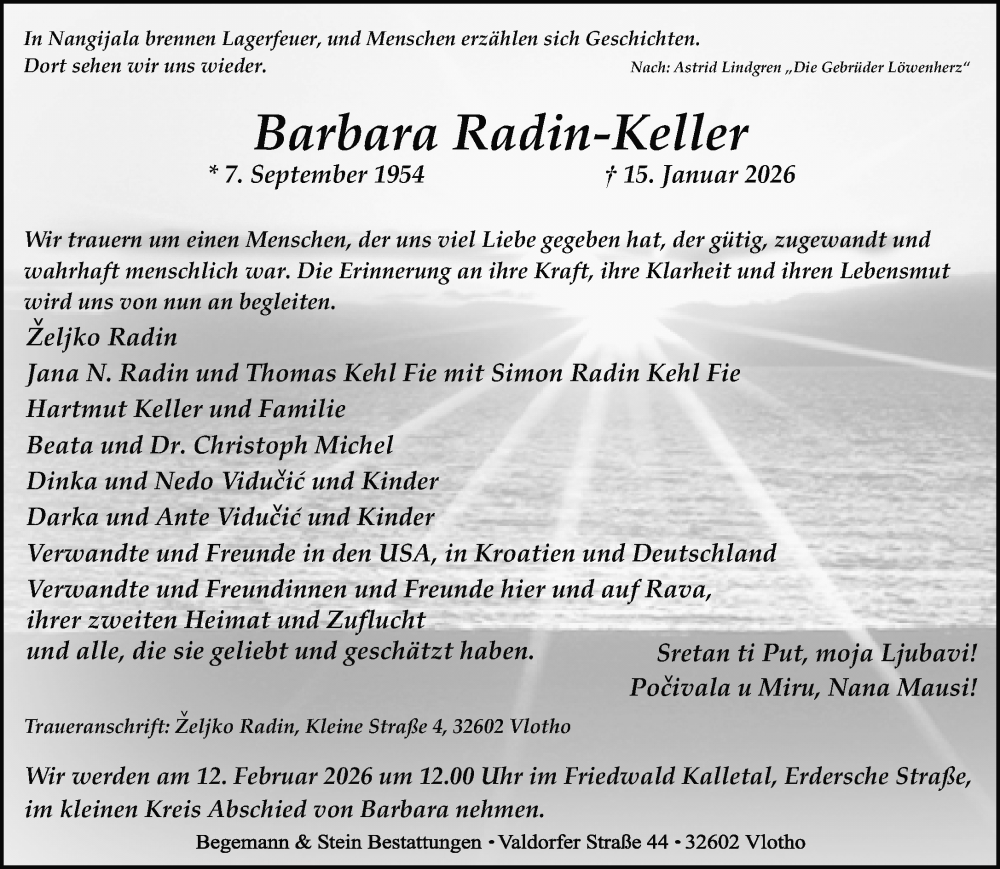  Traueranzeige für Barbara Radin-Keller vom 24.01.2026 aus Neue Westfälische und Westfalen-Blatt
