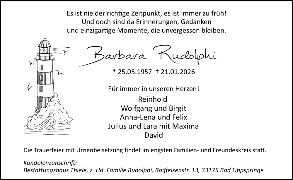  Traueranzeige für Barbara Rudolphi vom 24.01.2026 aus Neue Westfälische und Westfalen-Blatt