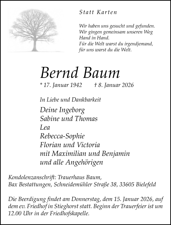 Traueranzeige von Bernd Baum von Neue Westfälische und Westfalen-Blatt