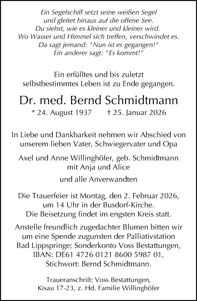  Traueranzeige für Bernd Schmidtmann vom 28.01.2026 aus Neue Westfälische und Westfalen-Blatt