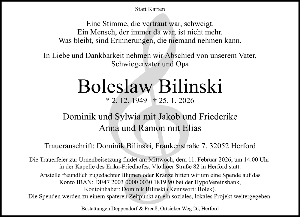  Traueranzeige für Boleslaw Bilinski vom 31.01.2026 aus Neue Westfälische und Westfalen-Blatt