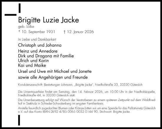 Traueranzeige von Brigitte Luzie Jacke von Neue Westfälische und Westfalen-Blatt