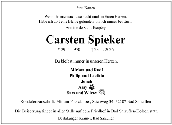 Traueranzeige von Carsten Spieker von Neue Westfälische und Westfalen-Blatt