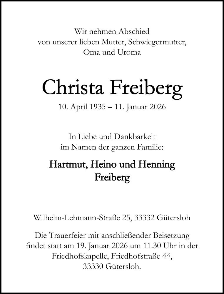  Traueranzeige für Christa Freiberg vom 17.01.2026 aus Neue Westfälische und Westfalen-Blatt