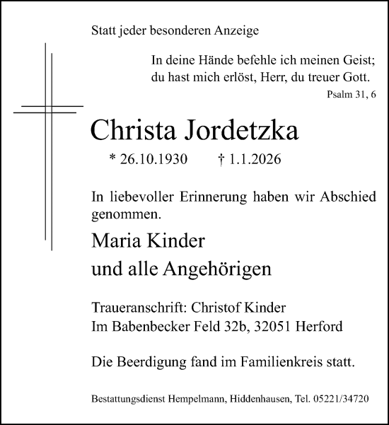 Traueranzeige von Christa Jordetzka von Neue Westfälische und Westfalen-Blatt