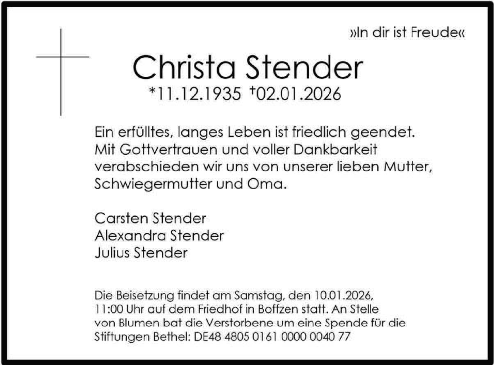  Traueranzeige für Christa Stender vom 06.01.2026 aus Neue Westfälische und Westfalen-Blatt