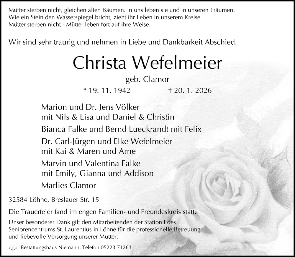  Traueranzeige für Christa Wefelmeier vom 31.01.2026 aus Neue Westfälische und Westfalen-Blatt
