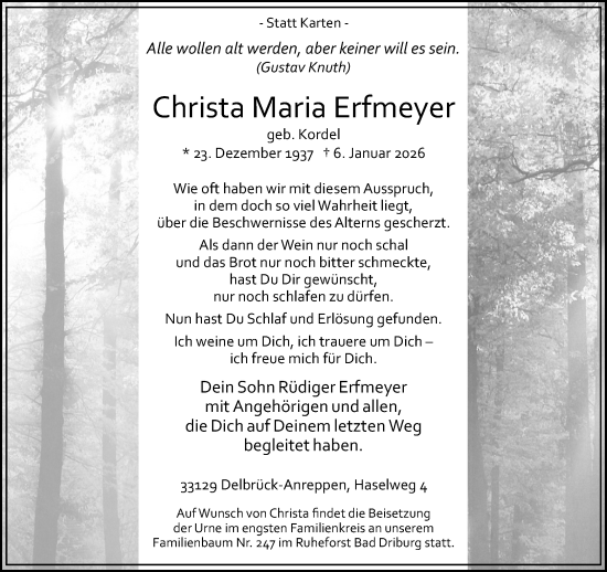 Traueranzeige von Christa Maria Erfmeyer von Neue Westfälische und Westfalen-Blatt