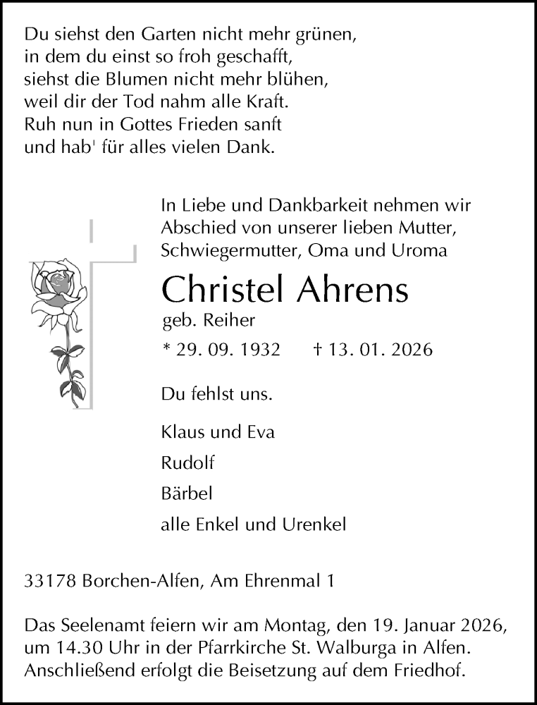  Traueranzeige für Christel Ahrens vom 17.01.2026 aus Neue Westfälische und Westfalen-Blatt