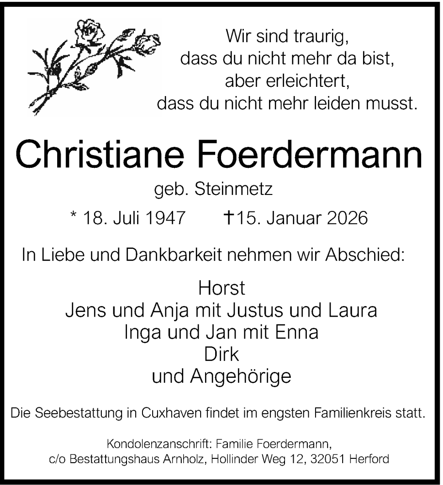  Traueranzeige für Christiane Foerdermann vom 24.01.2026 aus Neue Westfälische und Westfalen-Blatt