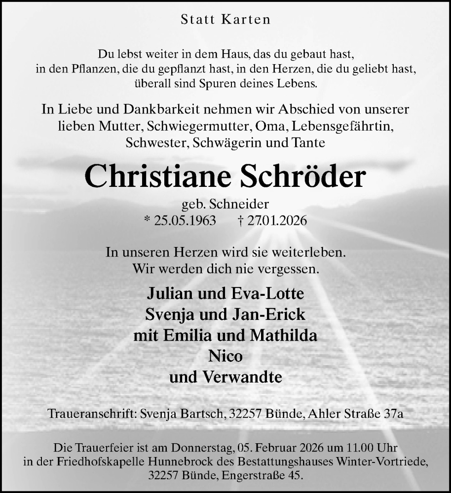  Traueranzeige für Christiane Schröder vom 31.01.2026 aus Neue Westfälische und Westfalen-Blatt