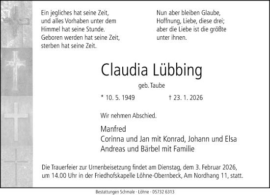 Traueranzeige von Claudia Lübbing von Neue Westfälische und Westfalen-Blatt