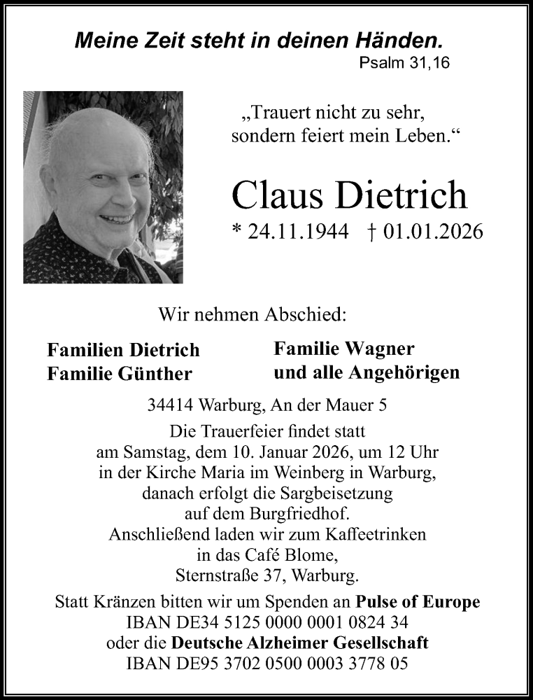  Traueranzeige für Claus Dietrich vom 07.01.2026 aus Neue Westfälische und Westfalen-Blatt