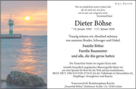 Traueranzeige von Dieter Böhse von Neue Westfälische und Westfalen-Blatt