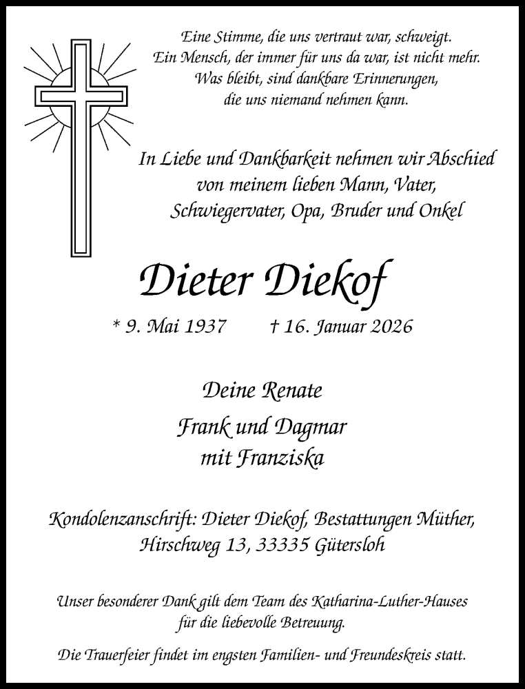  Traueranzeige für Dieter Diekof vom 24.01.2026 aus Neue Westfälische und Westfalen-Blatt