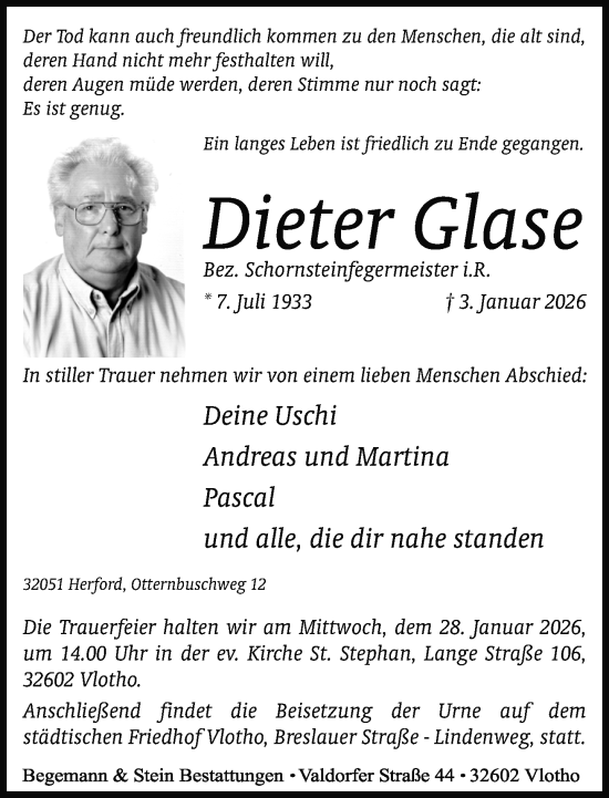 Traueranzeige von Dieter Glase von Neue Westfälische und Westfalen-Blatt