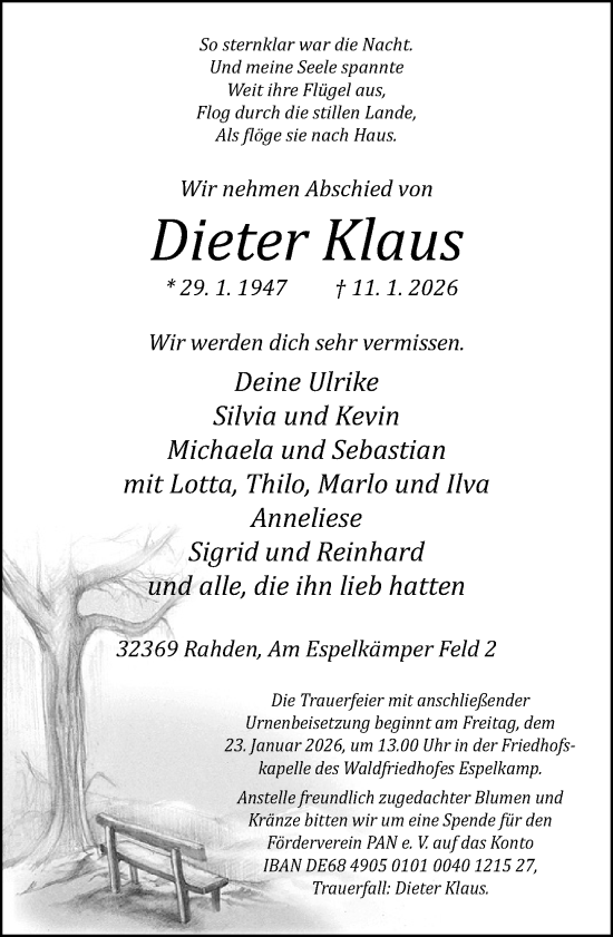 Traueranzeige von Dieter Klaus von Neue Westfälische und Westfalen-Blatt