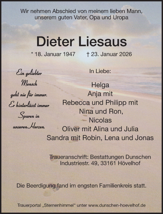 Traueranzeige von Dieter Liesaus von Neue Westfälische und Westfalen-Blatt