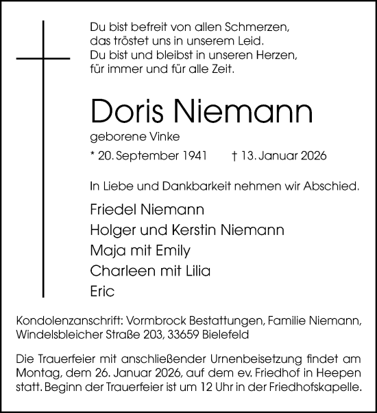 Traueranzeige von Doris Niemann von Neue Westfälische und Westfalen-Blatt