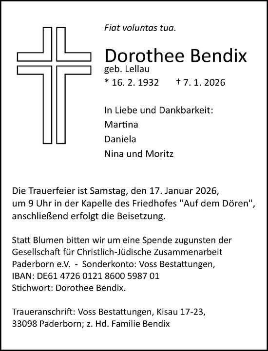 Traueranzeige von Dorothee Bendix von Neue Westfälische und Westfalen-Blatt