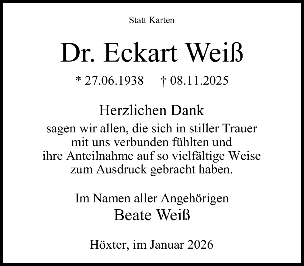  Traueranzeige für Eckart Weiß vom 10.01.2026 aus Neue Westfälische und Westfalen-Blatt