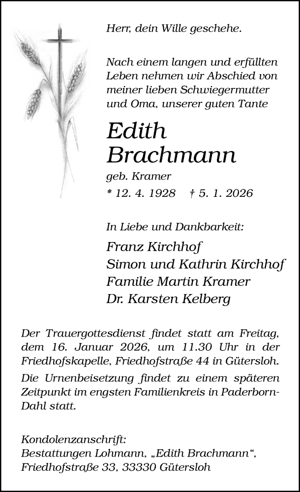  Traueranzeige für Edith Brachmann vom 10.01.2026 aus Neue Westfälische und Westfalen-Blatt