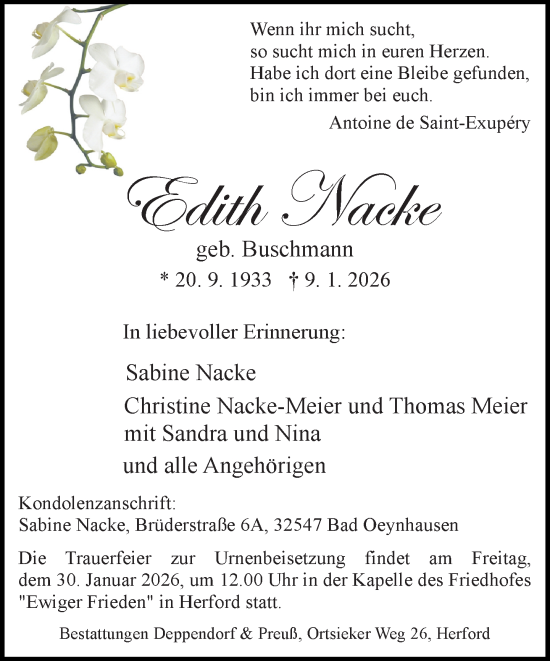 Traueranzeige von Edith Nacke von Neue Westfälische und Westfalen-Blatt