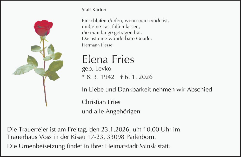  Traueranzeige für Elena Fries vom 17.01.2026 aus Neue Westfälische und Westfalen-Blatt