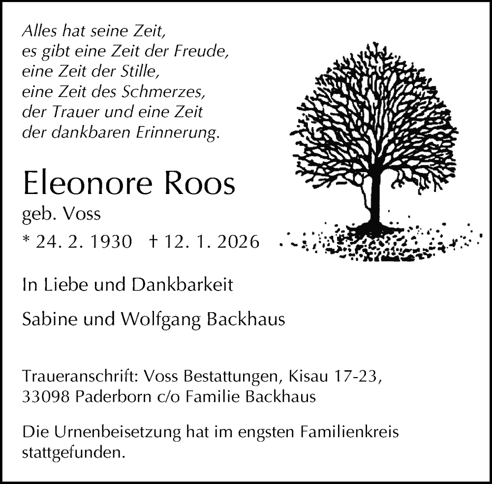  Traueranzeige für Eleonore Roos vom 24.01.2026 aus Neue Westfälische und Westfalen-Blatt