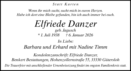 Traueranzeige von Elfriede Danzer von Neue Westfälische und Westfalen-Blatt