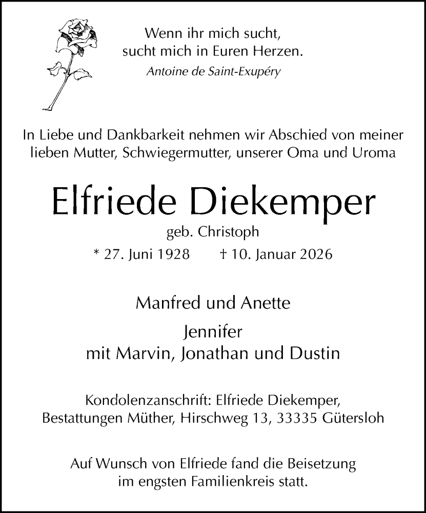  Traueranzeige für Elfriede Diekemper vom 24.01.2026 aus Neue Westfälische und Westfalen-Blatt