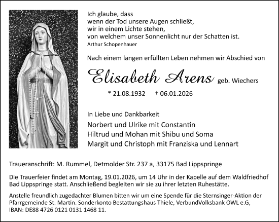Traueranzeige von Elisabeth Arens von Neue Westfälische und Westfalen-Blatt