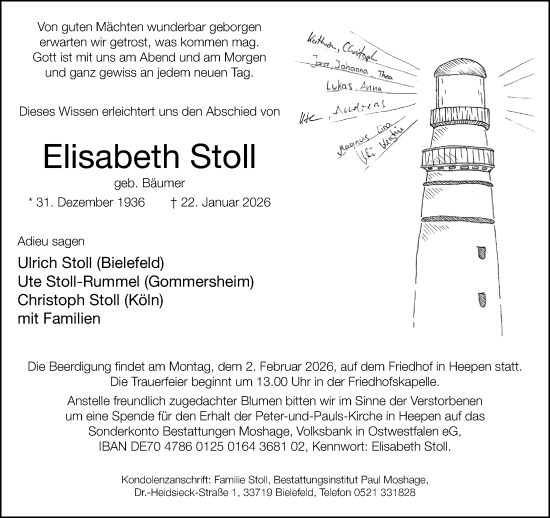 Traueranzeige von Elisabeth Stoll von Neue Westfälische und Westfalen-Blatt