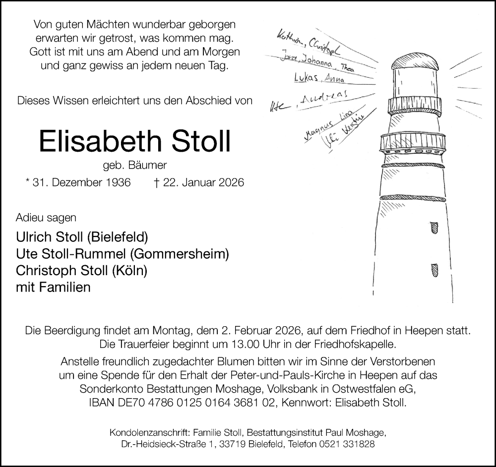  Traueranzeige für Elisabeth Stoll vom 29.01.2026 aus Neue Westfälische und Westfalen-Blatt