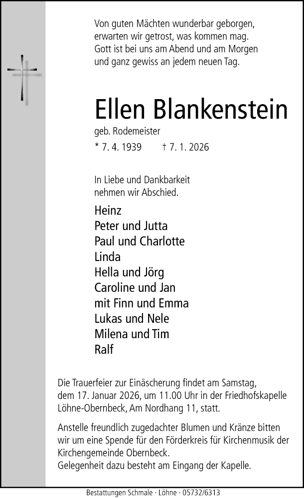  Traueranzeige für Ellen Blankenstein vom 10.01.2026 aus Neue Westfälische und Westfalen-Blatt