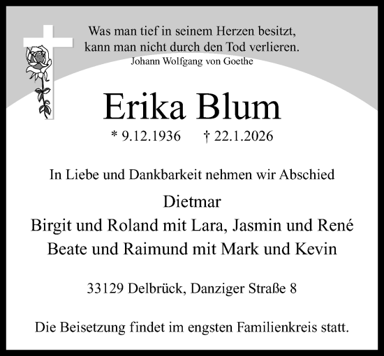 Traueranzeige von Erika Blum von Neue Westfälische und Westfalen-Blatt