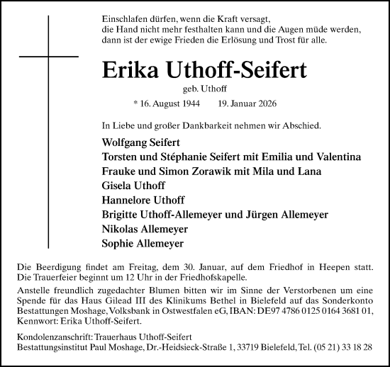 Traueranzeige von Erika Uthoff-Seifert von Neue Westfälische und Westfalen-Blatt
