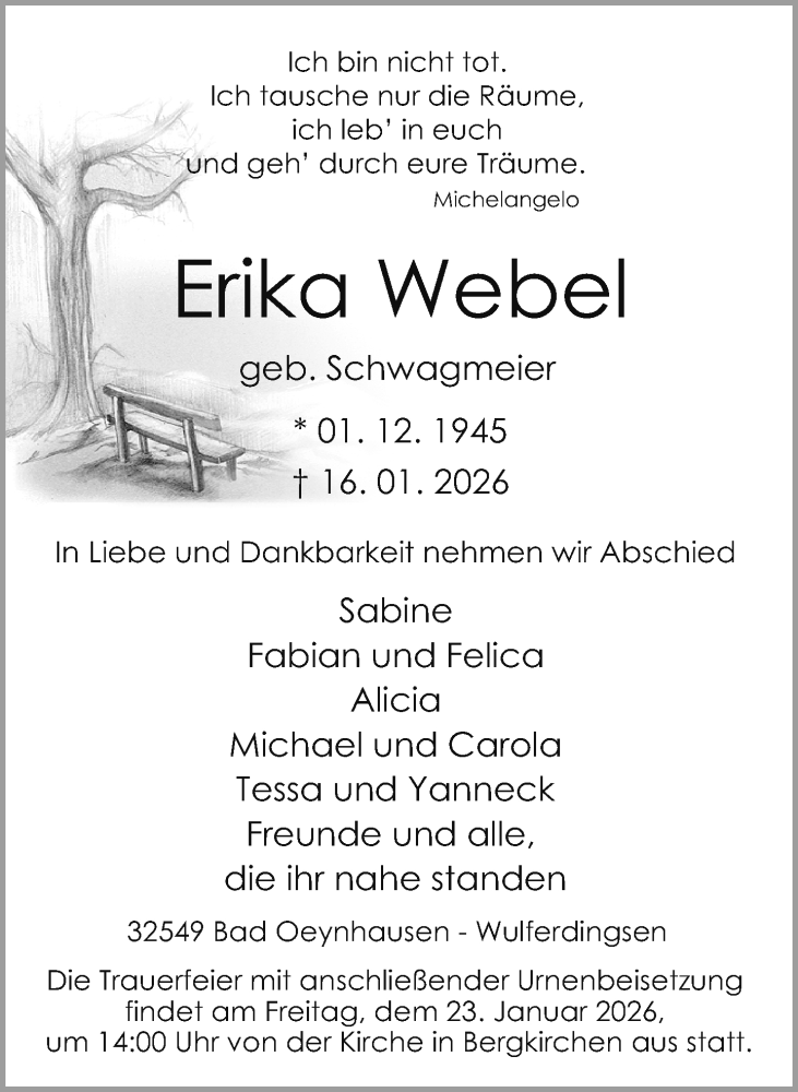  Traueranzeige für Erika Webel vom 21.01.2026 aus Neue Westfälische und Westfalen-Blatt