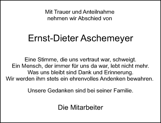 Traueranzeige von Ernst-Dieter Aschemeyer von Neue Westfälische und Westfalen-Blatt