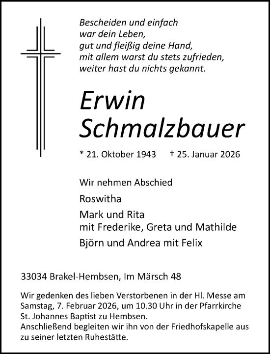 Traueranzeige von Erwin Schmalzbauer von Neue Westfälische und Westfalen-Blatt