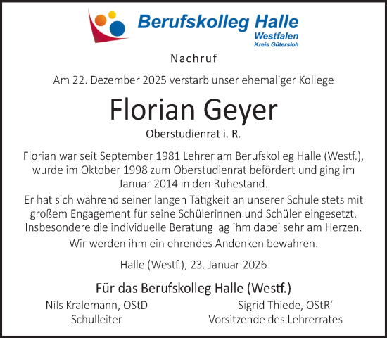 Traueranzeige von Florian Geyer von Neue Westfälische und Westfalen-Blatt