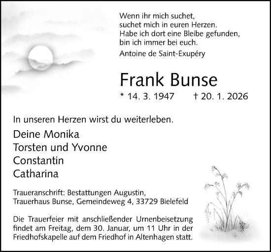 Traueranzeige von Frank Bunse von Neue Westfälische und Westfalen-Blatt