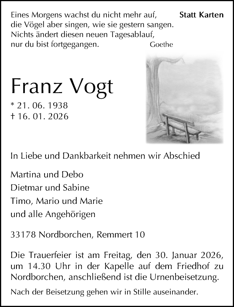  Traueranzeige für Franz Vogt vom 23.01.2026 aus Neue Westfälische und Westfalen-Blatt