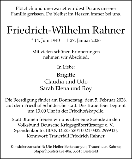 Traueranzeige von Friedrich-Wilhelm Rahner von Neue Westfälische und Westfalen-Blatt
