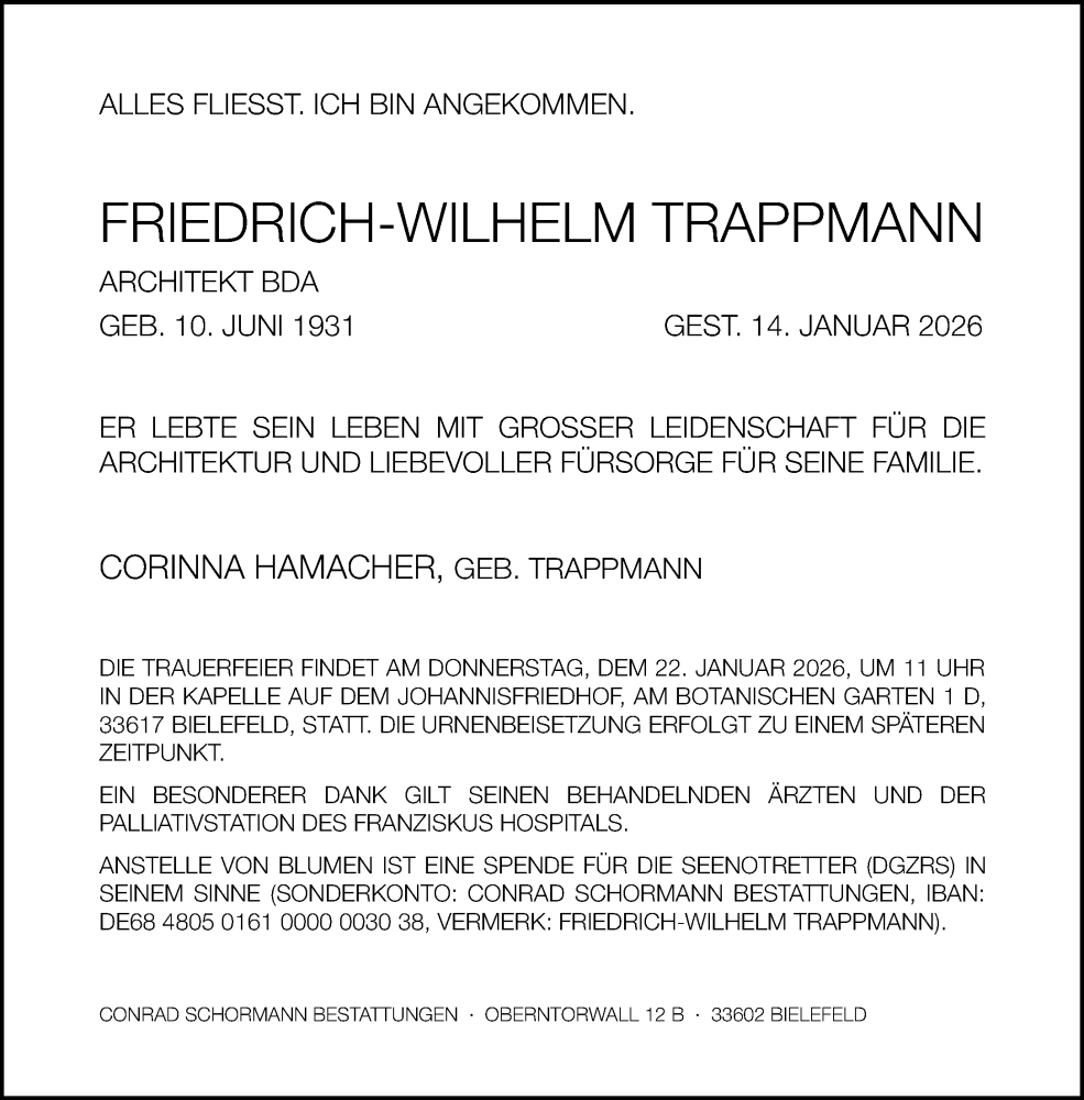  Traueranzeige für Friedrich-Wilhelm Trappmann vom 17.01.2026 aus Neue Westfälische und Westfalen-Blatt