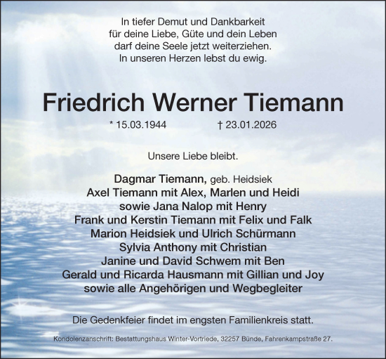 Traueranzeige von Friedrich Werner Tiemann von Neue Westfälische und Westfalen-Blatt
