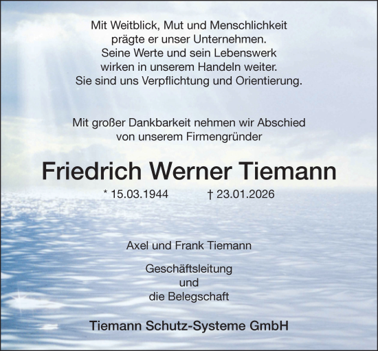 Traueranzeige von Friedrich Werner Tiemann von Neue Westfälische und Westfalen-Blatt