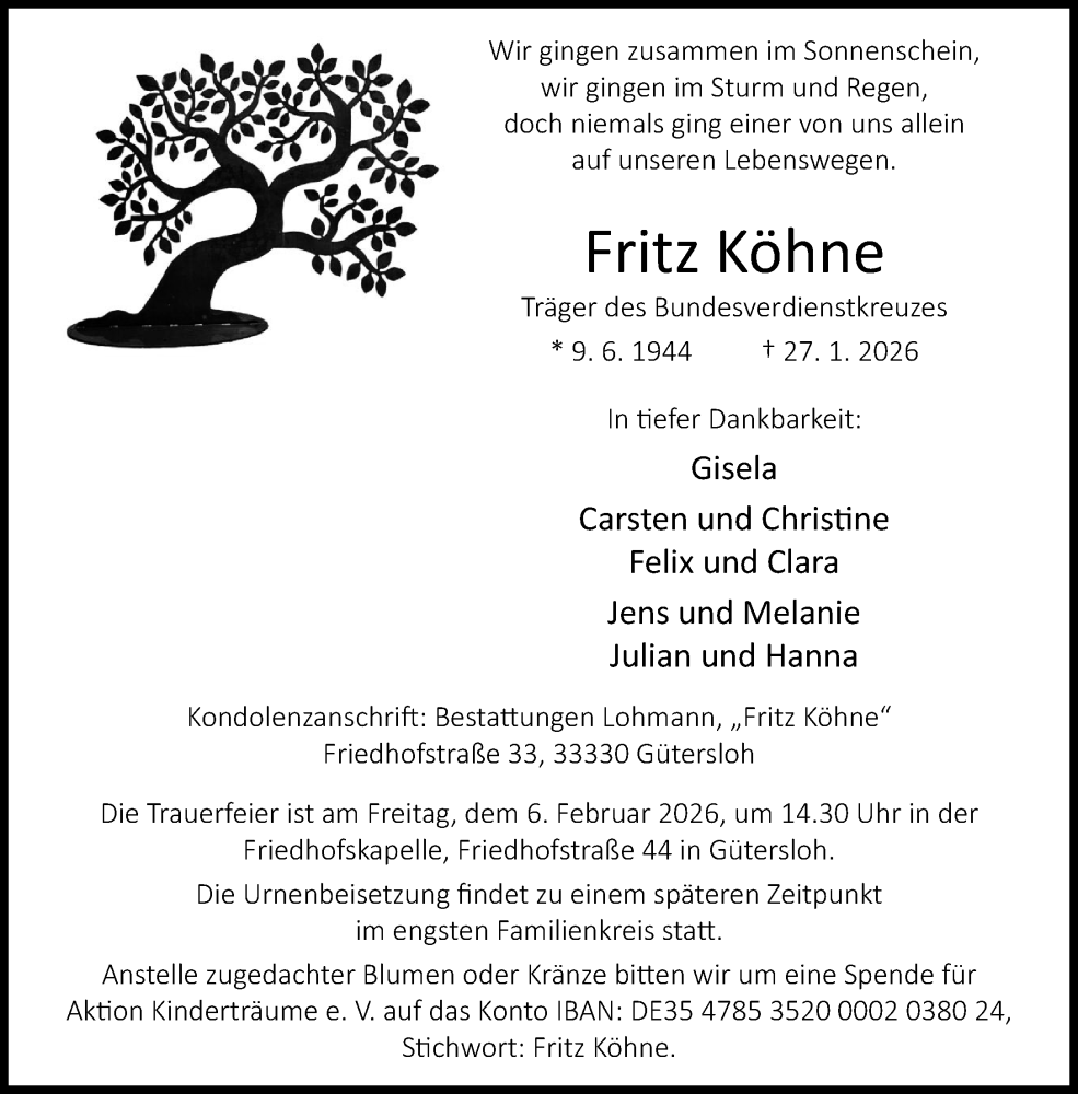  Traueranzeige für Fritz Köhne vom 31.01.2026 aus Neue Westfälische und Westfalen-Blatt